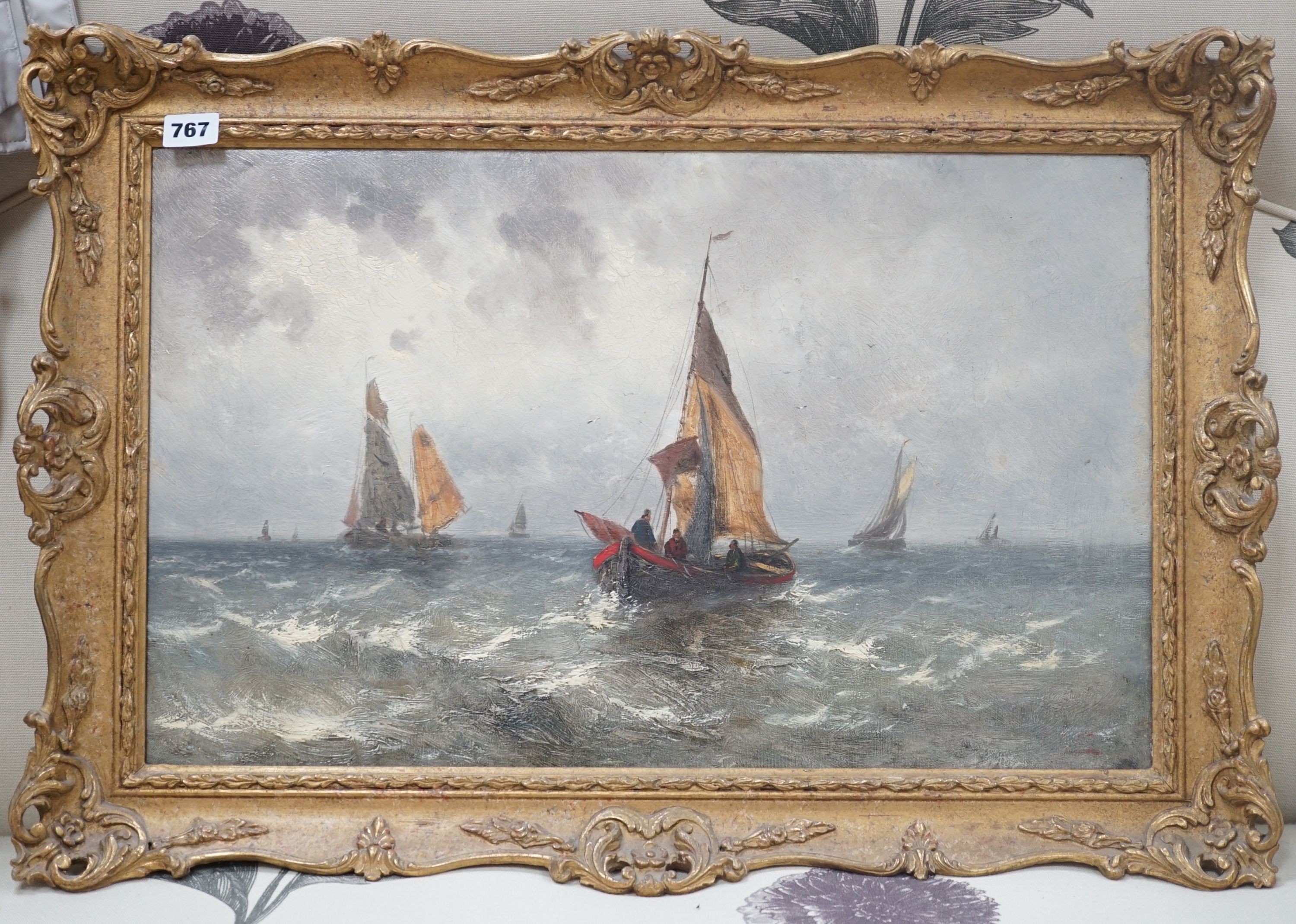 19th century English school, oil on canvas, fishing boats in squally seas, 36 cm x 58 cm